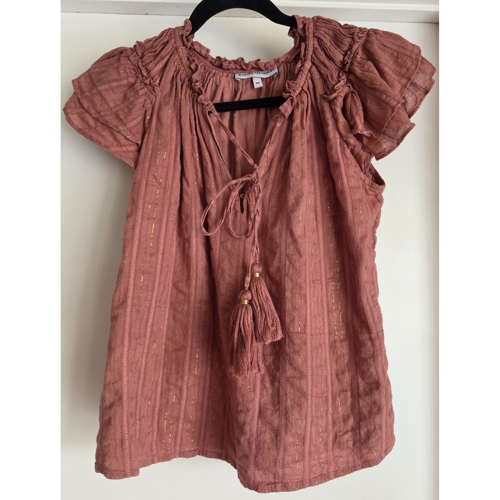 Karina Grimaldi Blouse XS Pink Gold Striped Sleeveless Cotton Boho Top Tassels